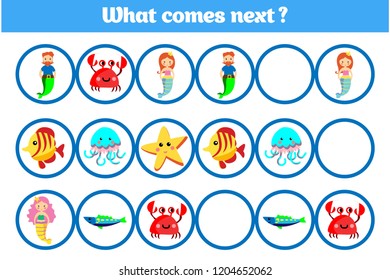 What comes next educational children game. Kids activity sheet, training logic. Vector illustration.