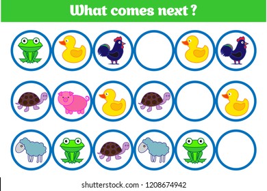 What comes next educational children game. Kids activity sheet, training logic. Vector illustration.