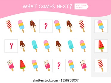 What comes next educational children game. Kids activity sheet,  Cartoon ice creams.
