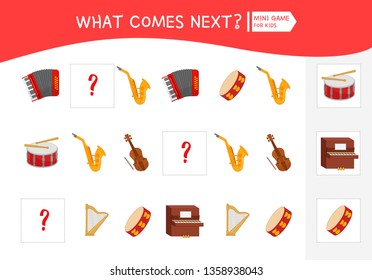 What comes next educational children game. Kids activity sheet,  Cartoon musical instruments.
