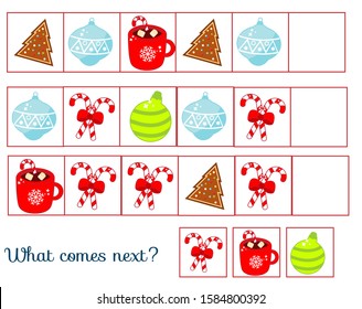 What comes next educational children game. Kids activity sheet, continue the row task. New Year and Christmas holidays theme