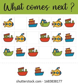 Lo que viene después. Juego de niños educacionales.Hoja de actividades de niños, lógica de entrenamiento, continuar la tarea de fila con los buques