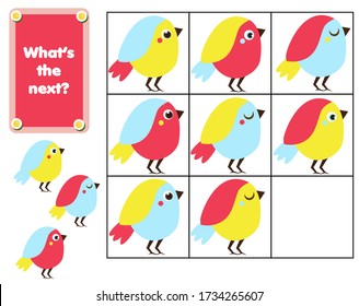 What comes next educational children game. Kids activity sheet, continue the row of birds