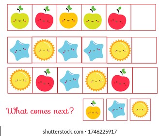 What comes next educational children game. Kids activity sheet, continue the row of cute symbols