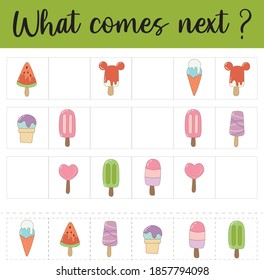 What comes next. Educational children game.Kids activity sheet, training logic, continue the row task with ice cream