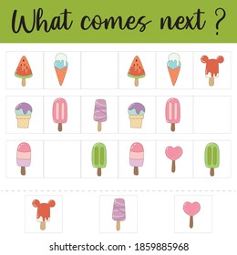 What comes next. Educational children game.Kids activity sheet, training logic, continue the row task with ice cream
