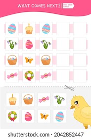Was kommt als nächstes pädagogisches Kinderspiel? Aktivitätsblatt für Osterkinder, 