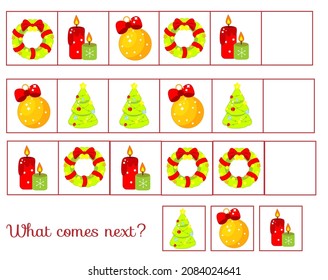 What Comes Next Educational Children Game. Kids Activity Sheet, Continue The Row Task. New Year And Christmas Holidays Theme