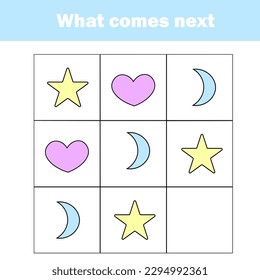 What comes next educational children game. Kids activity sheet, training logic, continue the row task