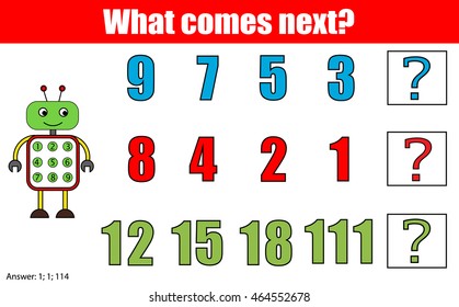 What comes next educational children game. Kids activity sheet, training logic, continue the row task. Mathematics game with numbers for school years kids
