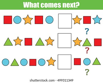 What comes next educational children game. Kids activity sheet, training logic, continue the row task with colorful simple shapes