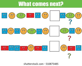 What comes next educational children game. Kids activity sheet, training logic, continue the row task with colorful simple shapes
