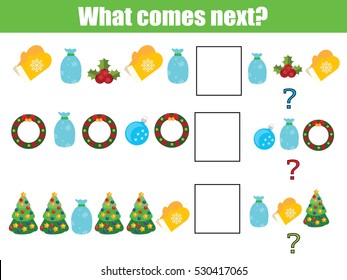 What comes next educational children game. Kids activity sheet, training logic, continue the row task. Christmas, New year holidays theme