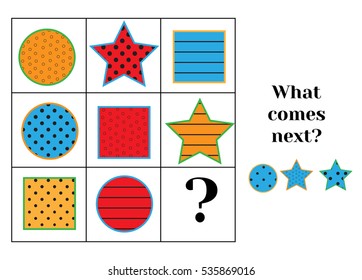 What comes next educational children game. Kids activity sheet, training logic, continue the row task. Geometric shapes