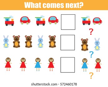 What comes next educational children game. Kids activity sheet, training logic, continue the row task