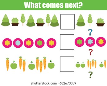 What comes next educational children game. Kids activity sheet, training logic, continue the row