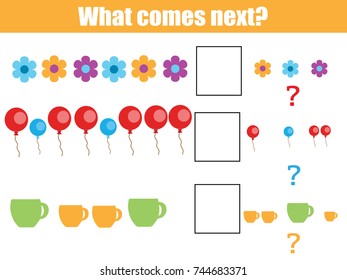 What comes next educational children game. Kids activity sheet, training logic, continue the row task with colorful objects