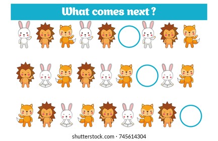 What comes next educational children game. Kids activity sheet, training logic, continue the row task with colorful simple shapes. Vector illustration