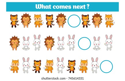 What comes next educational children game. Kids activity sheet, training logic, continue the row task with colorful simple shapes. Vector illustration