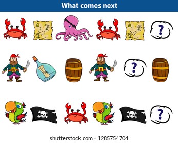 What comes next Educational game for children. Set of cartoon pirate characters. Vector illustration.