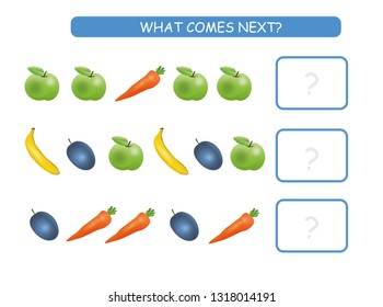 What comes next educational kids game. Children activity sheet, training logic, continue the row with fruits and vegetables.
