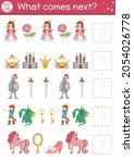 What comes next. Fairytale matching activity for preschool children with traditional fantasy symbols and characters. Funny magic kingdom puzzle. Fall logical worksheet. Continue the row game.
