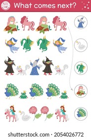 What comes next. Fairytale matching activity for preschool children with traditional fantasy creatures. Funny magic kingdom puzzle. Fall logical worksheet. Continue the row game with dragon, mermaid
