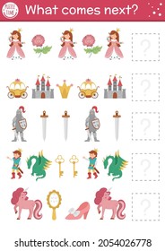 What Comes Next. Fairytale Matching Activity For Preschool Children With Traditional Fantasy Symbols And Characters. Funny Magic Kingdom Puzzle. Fall Logical Worksheet. Continue The Row Game.
