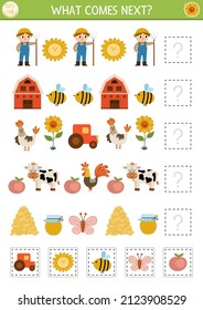 What comes next. Farm matching activity for preschool children with traditional country symbols and characters. Funny rural village puzzle. On the farm logical worksheet. Continue the row game

