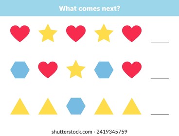 ¿Qué viene a continuación? Juego educativo lógico para niños. Complete la secuencia. Página de actividades para niños.