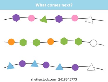 What comes next figures. Educational logical game for kids. Complete the sequence. Activity page for children.