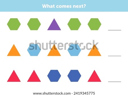 What comes next figures. Educational logical game for kids. Complete the sequence. Activity page for children.