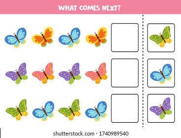 What comes next. Find the right answer. Cute cartoon colorful butterflies. Educational worksheet for kids. 