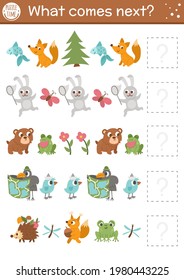 What comes next. Forest matching activity for preschool children with cute woodland animals. Funny educational puzzle. Logical worksheet. Continue the row game with rabbit, bear, frog, fox, bird.

