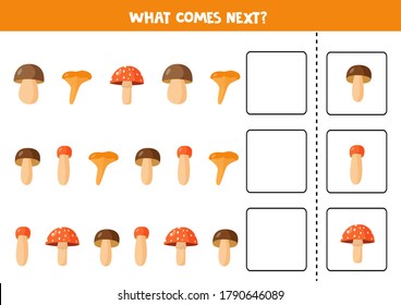 What comes next with forest mushrooms. Educational logical game for kids. Brain teaser for preschool children. Continue the pattern. 