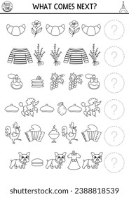 What comes next. France black and white matching activity for preschool children with croissant, lavender, beret. French themed logical worksheet. Continue the row game, coloring page
