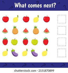 What comes next fruits. Educational logical game for kids. Complete the sequence. Activity page for children.