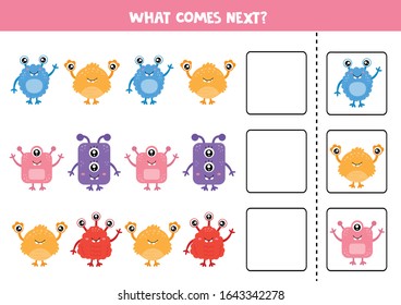 What comes next. Funny game with cute colorful monsters. Worksheet for kids.