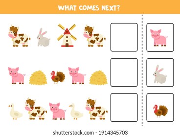 
What comes next game with cute farm animals. Educational logical game for kids.