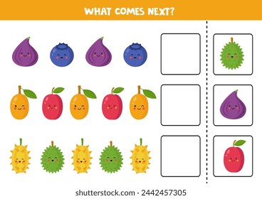 Was kommt als nächstes Spiel mit niedlichen Cartoon-Früchten. Lernlogisches Spiel für Kinder.