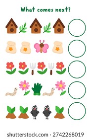 What comes next. Garden logical activity for preschool children with gardening symbols. Spring logic succession worksheet. Continue the row game with birdhouse, flower, worm, glove, butterfly
