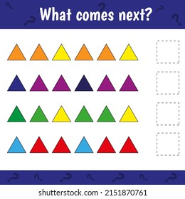 What comes next geometric figures. Educational logical game for kids. Complete the sequence. Activity page for children.