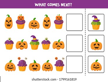 What comes next with Halloween cupcakes and jack o lantern pumpkins. Educational logical game for kids.