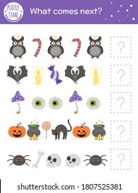 What comes next. Halloween matching activity for preschool children with traditional holiday symbols. Funny educational puzzle. Logical quiz worksheet. Continue the row. Simple autumn game for kids
