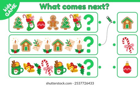 What comes next is. Christmas educational kids game. Choose objects, complete pattern. Puzzle for children with cartoon Xmas gingerbreads, holiday mugs, bells. Activities page. Vector illustration.