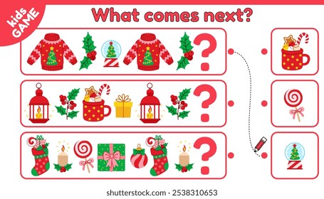 What comes next is. Christmas educational kids game. Choose objects, complete pattern. Puzzle for children with holiday ugly sweaters, Xmas stockings, gifts. Activities page. Baby vector illustration.