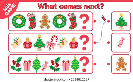 What comes next is. Christmas educational kids game. Choose objects, complete pattern. Puzzle for children with holiday spruces, Xmas tree decorations, candy. Activities page. Vector illustration.