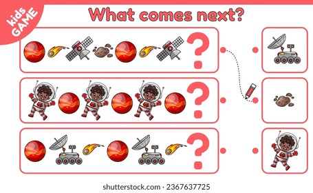 What comes next is. Educational kids game. Choose space object and complete pattern. Puzzle for education children. Cartoon afro boy astronauts, planets, comets, asteroids and other. Vector design.