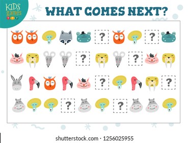 What comes next kids educational activity vector illustration. Learning game, activity worksheet with cute little animals 