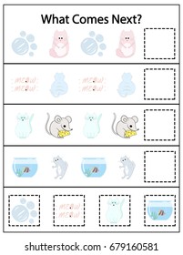 What comes next Kids game. Educational children game. Kids activity sheet, training. Preschool kindergarten worksheet. Kids printable game.